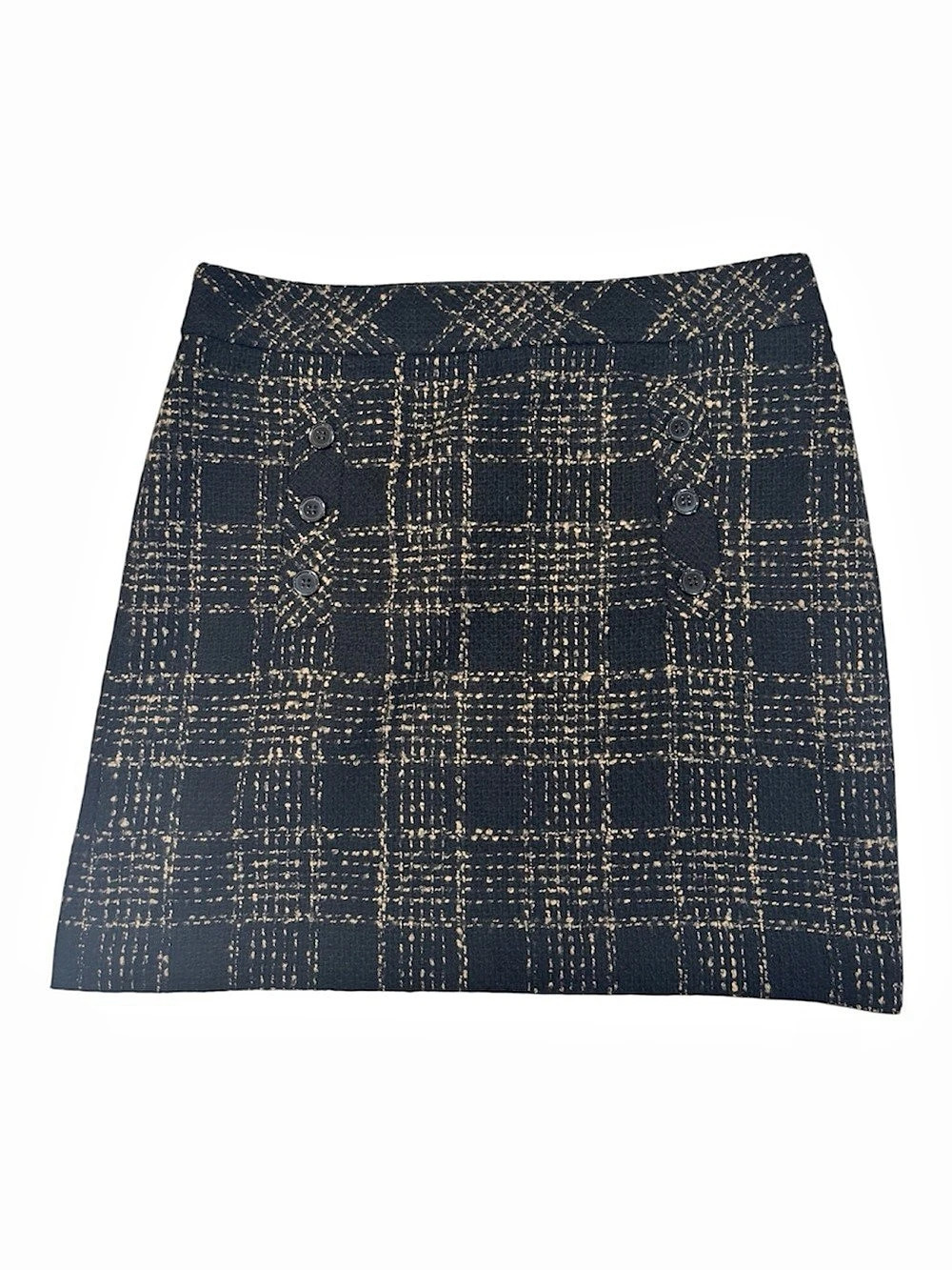 LOFT Skirt, Plaid Mini Skirt in Black Gray Gold Size 8, Soft Tweed, Academia
